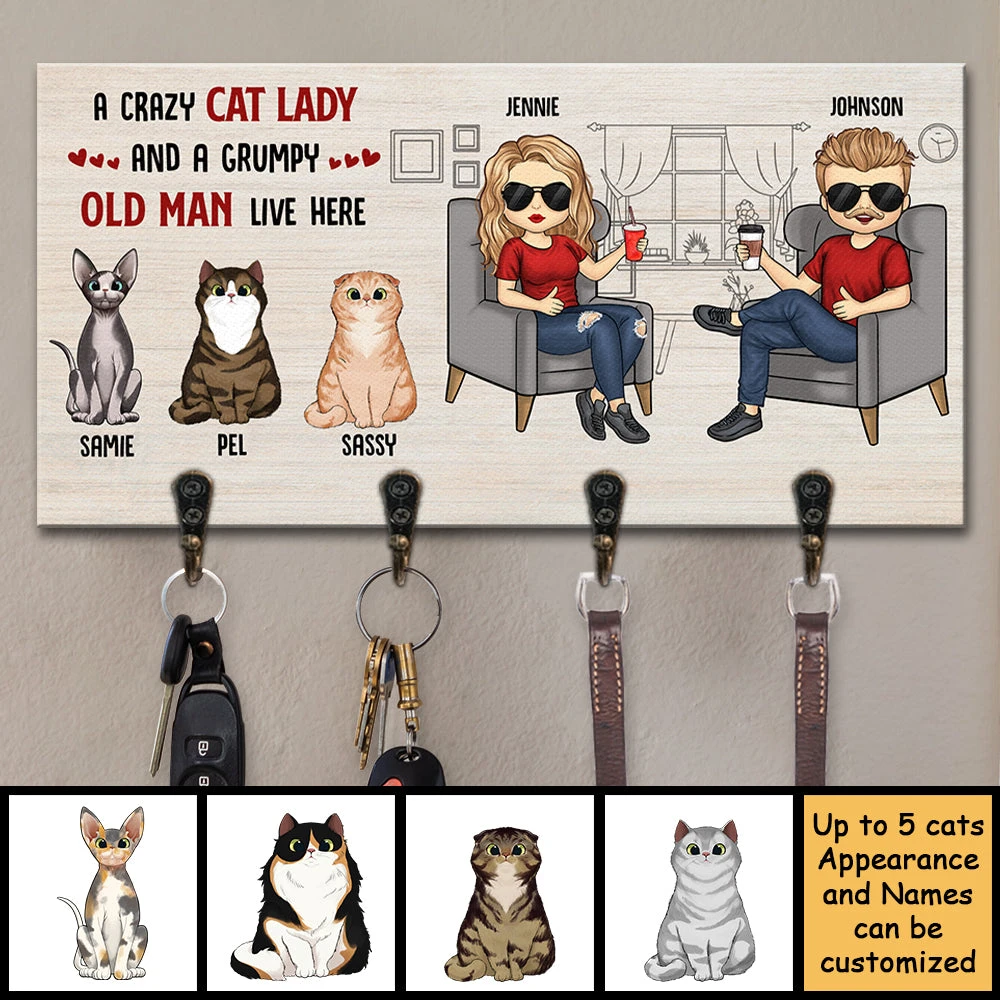 A Crazy Cat Lady And A Grumpy Old Man Live Here - Personalized Key Hanger, Key Holder - Gift For Couples, Husband Wife 3 A Crazy Cat Lady And A Grumpy Old Man Live Here - Personalized Key Hanger, Key Holder - Gift For Couples, Husband Wife - Image 3