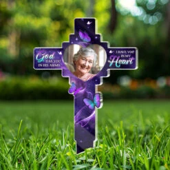 Custom Photo In Our Hearts Always - Memorial Personalized Custom Stain Glass Style Acrylic Garden Stake - Sympathy Gift For Family Members