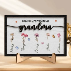 Happiness Is Being A Mom - Family Personalized Custom 2-Layered Wooden Plaque With Stand - House Warming Gift For Mom, Grandma