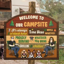 Camp More Work Less - Camping Personalized Custom Shaped Home Decor Wood Sign - House Warming Gift For Couple, Camping Lovers, Pet Lovers, Pet Owners