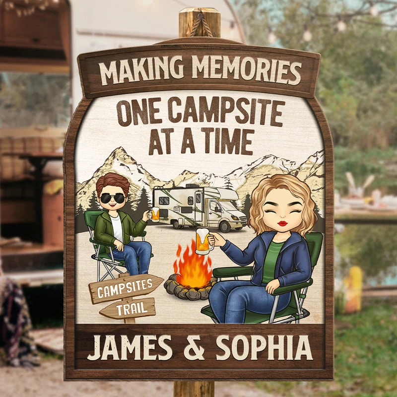 Campsite Making Memories - Camping Personalized Custom Shaped Home Decor Wood Sign - House Warming Gift For Couples, Husband Wife, Camping Lovers