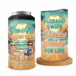 Husband & Wife Drinking Buddies For Life - Couple Personalized Custom 4 In 1 Can Cooler Tumbler - Summer Vacation, Gift For Husband Wife, Anniversary