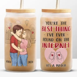 Glad We Matched - Couple Personalized Custom Glass Cup, Iced Coffee Cup - Gift For Husband Wife, Anniversary